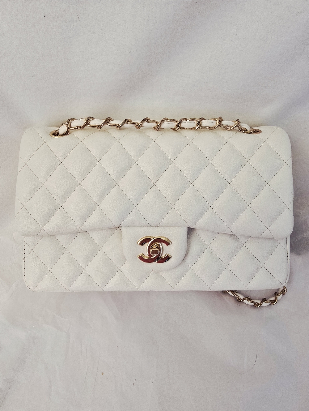 Faux Women’s Classic White Quilted Shoulder adjust strap Bag Gold Hardware